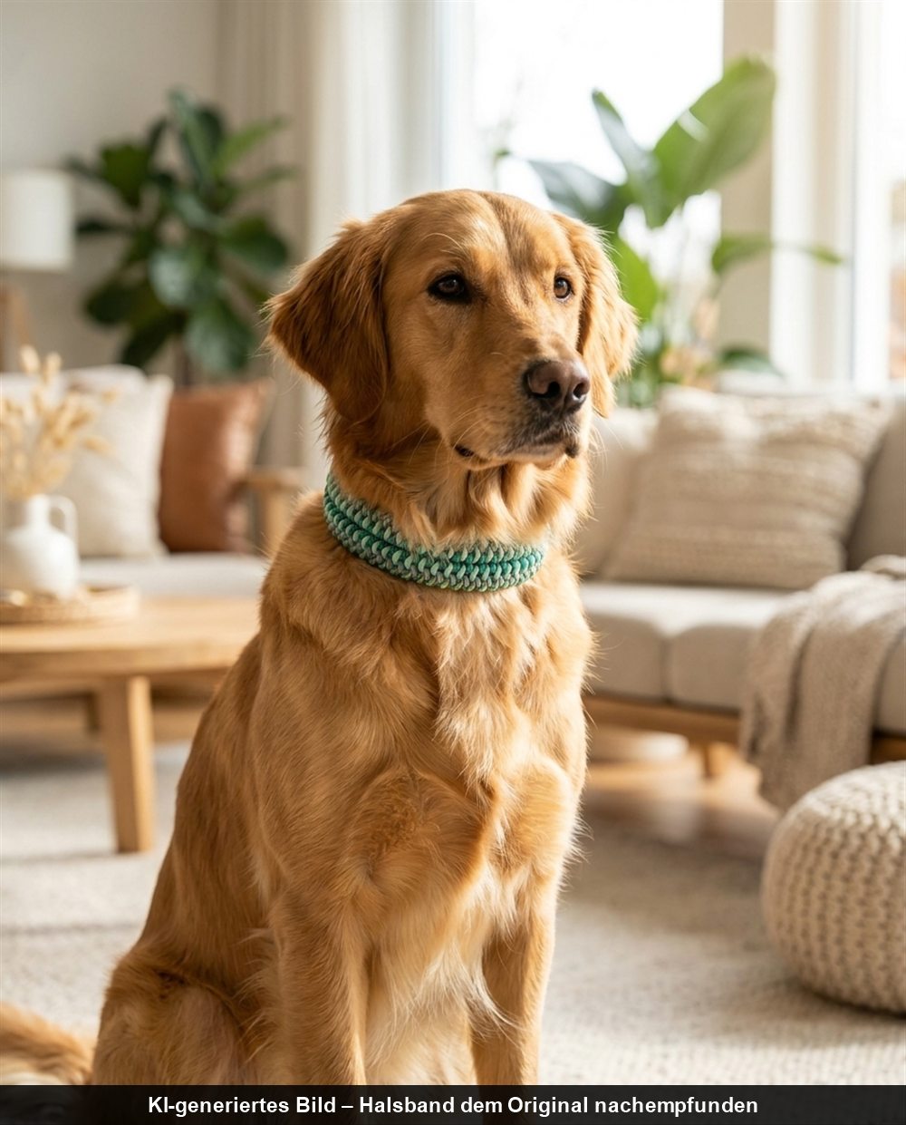 KI-Bild: Retriever mit türkisem Paracord-Halsband