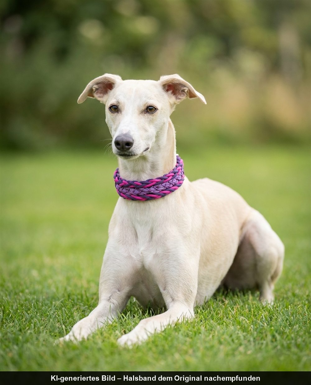 KI-Bild: Windhund mit pinkem Paracord-Halsband